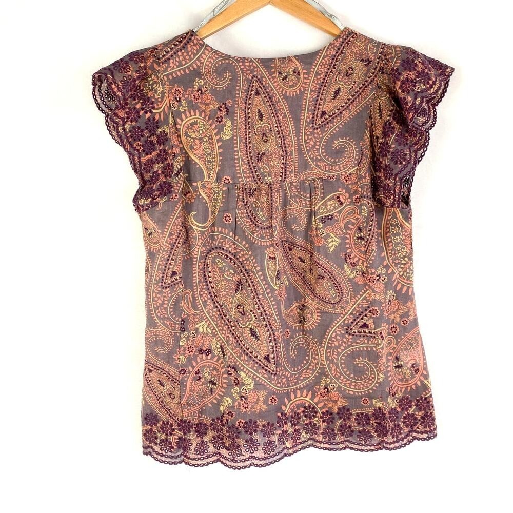 Daniel Rainn Boho Linen Blend Paisley Blouse Top Women S Pink Embroidered Trim - Picture 3 of 8